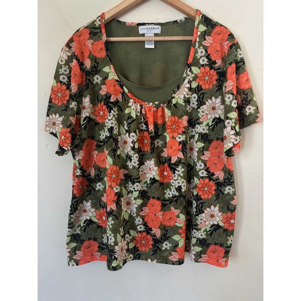 Sag Harbor Woman Floral Layered Blouse Olive Orange Short Sleeve Plus Size 3X
